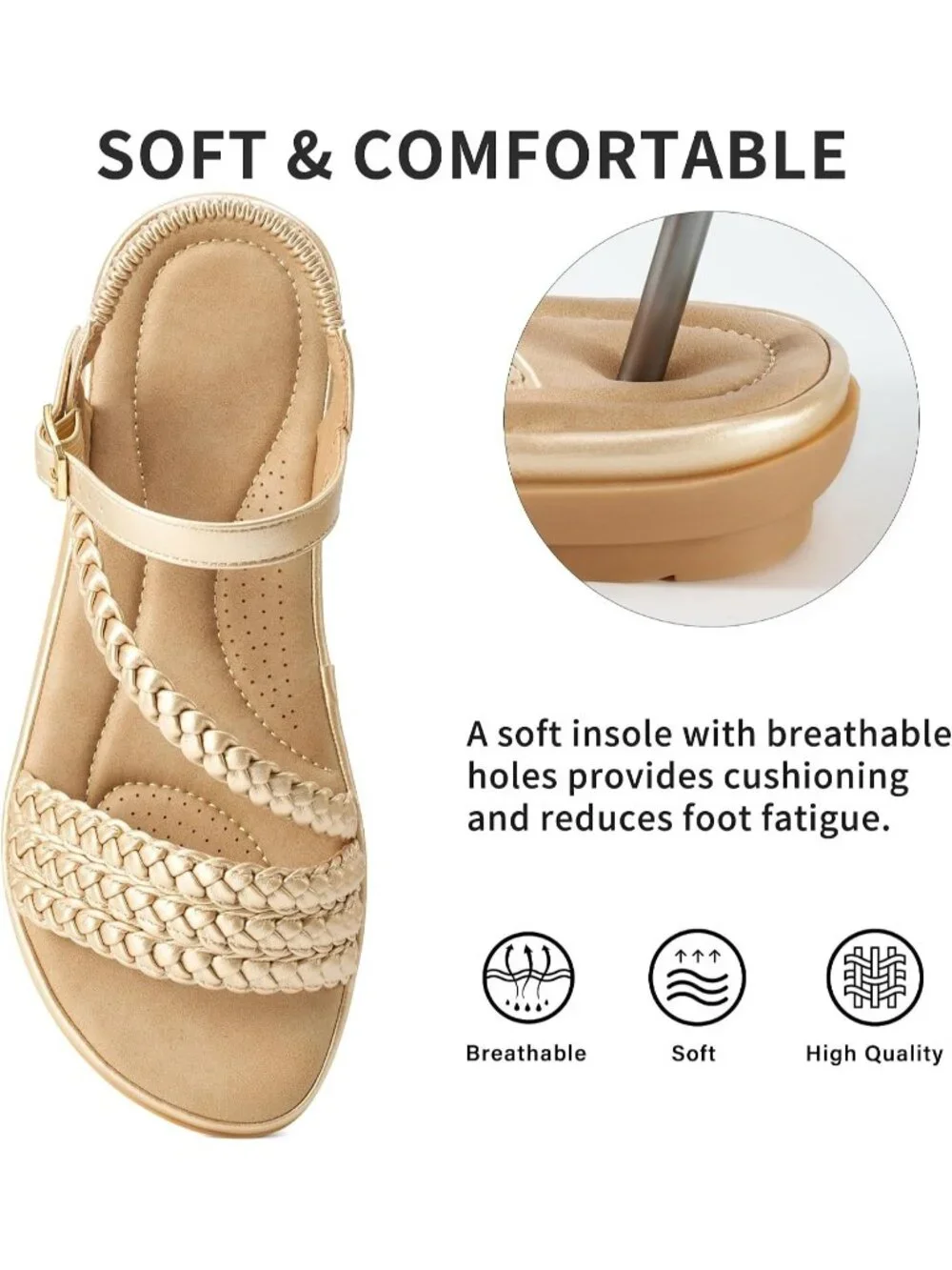 Women's Gold Summer Comfortable Strappy Flats Casual Walking Beach Sandals